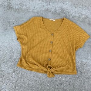 Mustard short sleeve waffle top